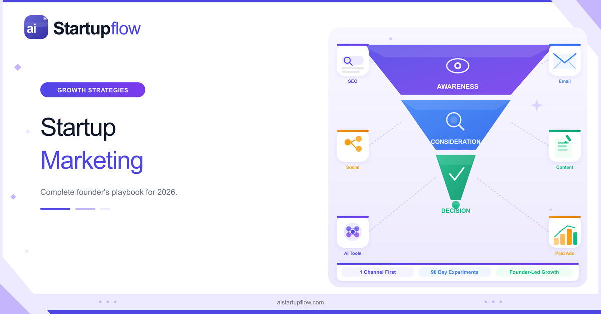 startup marketing funnel awareness consideration decision channels 2026